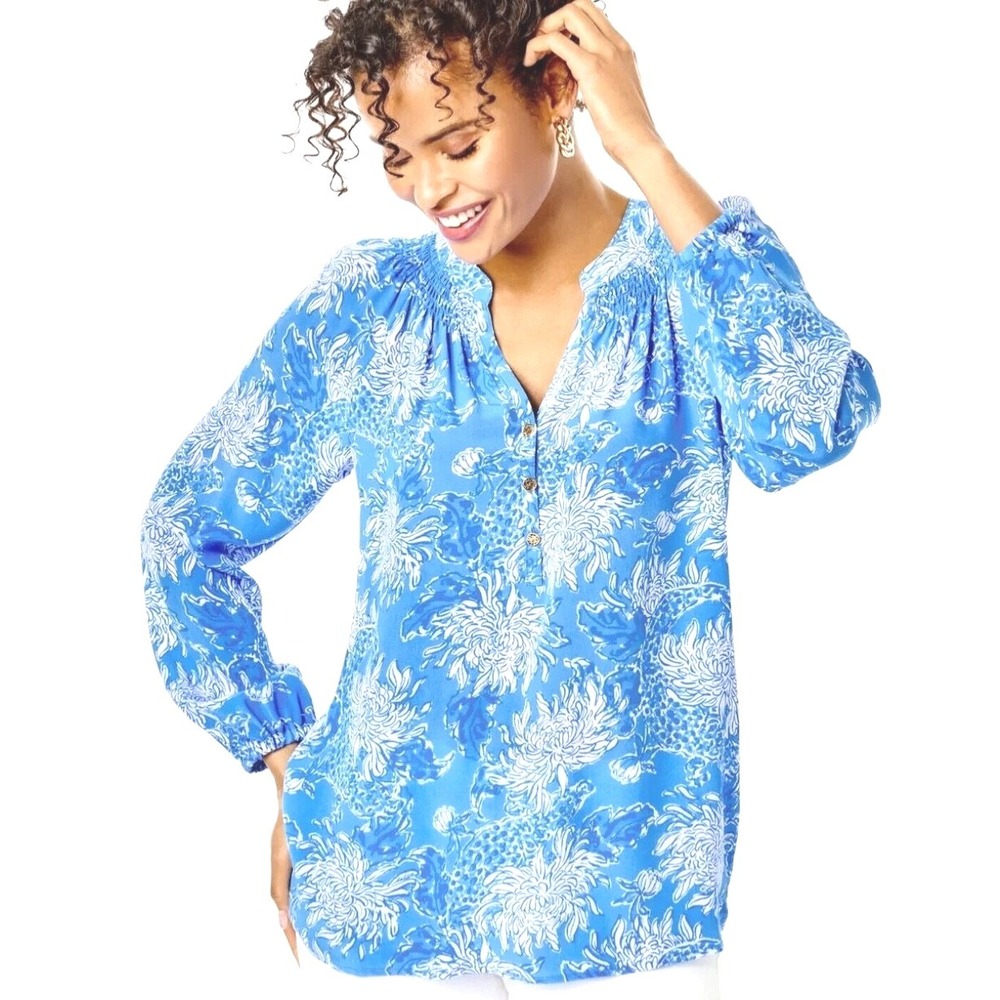 Lilly Pulitzer Elsa Top Boca Blue Croc and Lock It Floral Silk Blouse Sz‎ XS